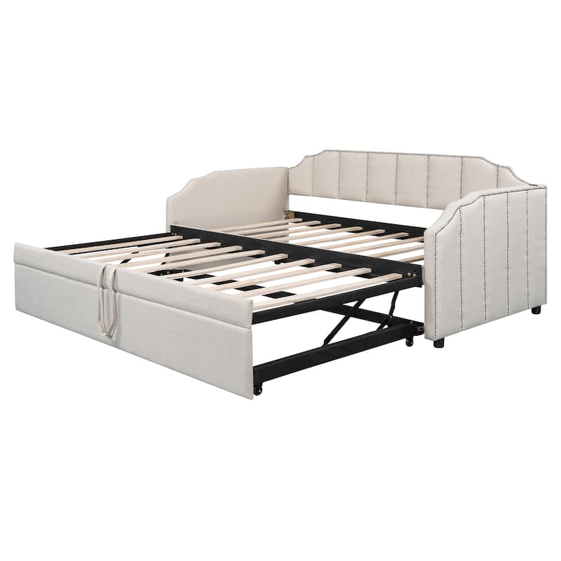 Twin Upholstered Daybed with Pop-Up Trundle, USB Charging Ports, Convertible Sofa Bed