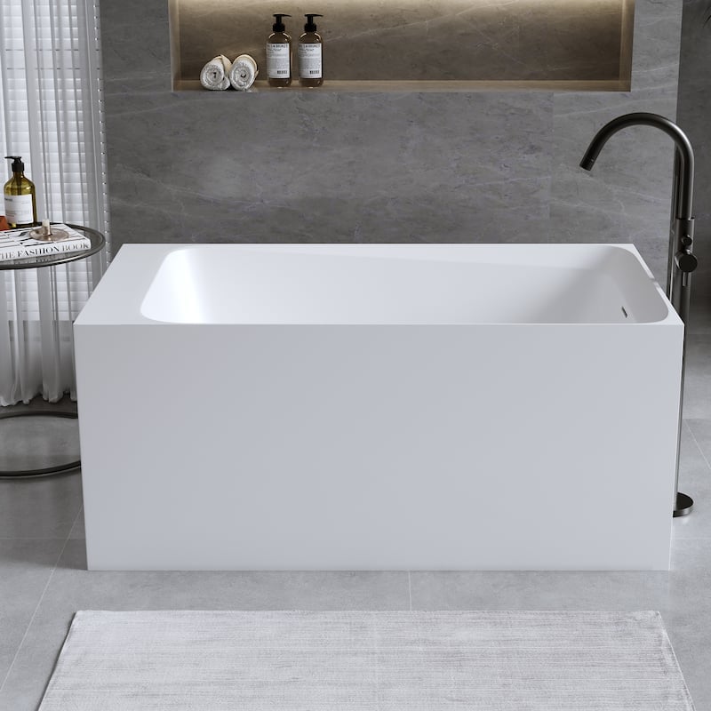 Solid Surface Freestanding Soaking Bathtub with Left Drain and Pop-up Drain, Modern Matte White Tubs with Overflow