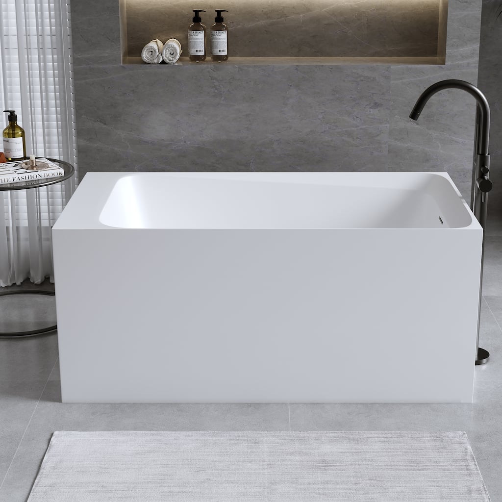Solid Surface Freestanding Soaking Bathtub with Left Drain and Pop-up Drain, Modern Matte White Tubs with Overflow