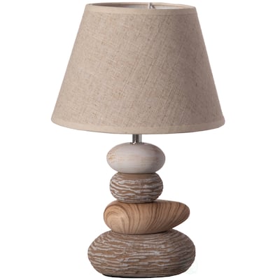 14" Decorative Ceramic Table Lamp, with Beige, Brown, and White Stones and Beige Linen Lampshade