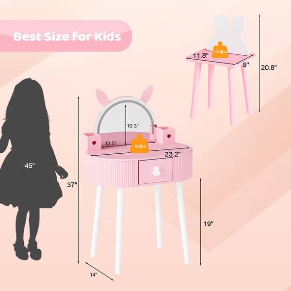 dimension image slide 2 of 6, Kids Vanity Set with Mirror Makeup Dressing Table with Drawer