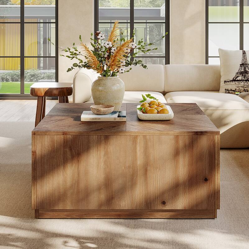 31.5-Inch Square Coffee Table, Farmhouse Solid Wood Cocktail Table