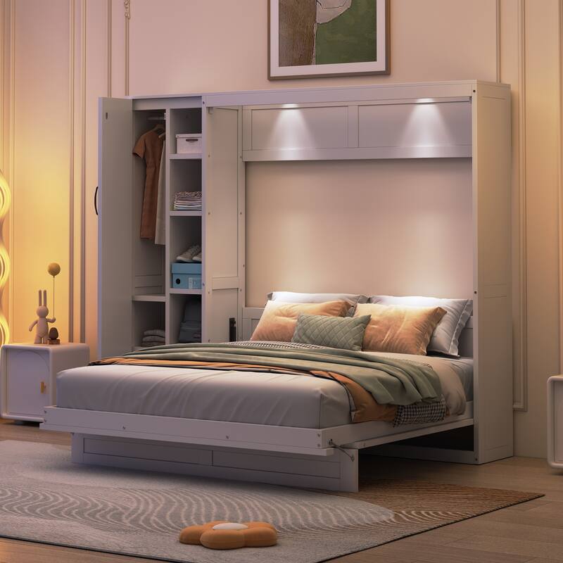 Queen Size Wall Bed with Shelves, Wardrobe, and LED Lights, Space-Saving Design