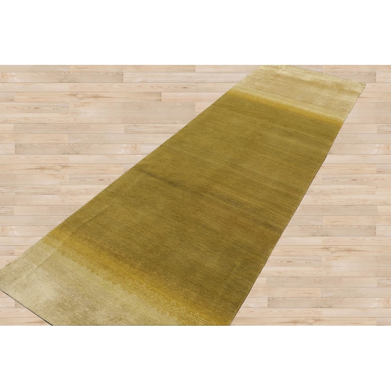 Hand Knotted Ombre Olive, Green Tibetan Wool Modern Oriental Area Rug - 3' 1'' x 12' 1''