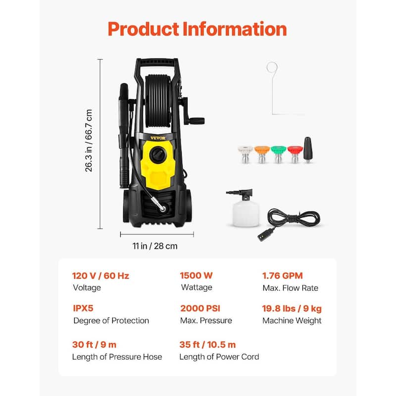 Electric Pressure Washer, 2000 PSI, Max. 1.76 GPM Power Washer - 11*10*23