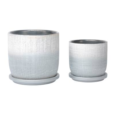 Sagebrook Home Set Of 2 5/6" Textured Planter With Saucer, Silver, Round, 6"H, Textured - 6.0" x 6.0" x 6.0"