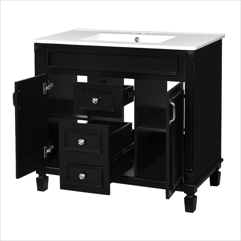 36" Bathroom Vanity with Top Sink, Black Mirror Cabinet, Modern Bathroom Storage Cabinet with 2 Soft Closing Doors