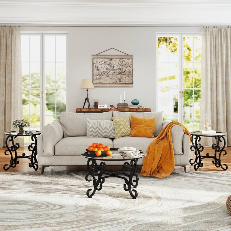 3 Piece Tempered Glass Surface Coffee Table Set, Decor Coffee Table Round End Side Table with Sturdy Construction - Black