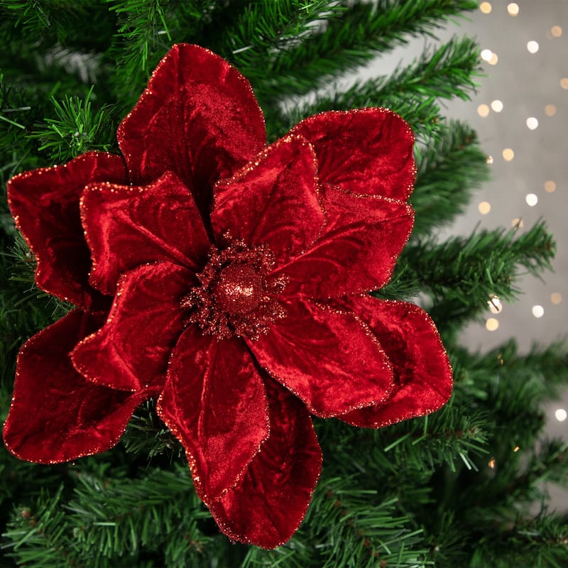24" Red Velvet Glittered Christmas Flower Pick - 24