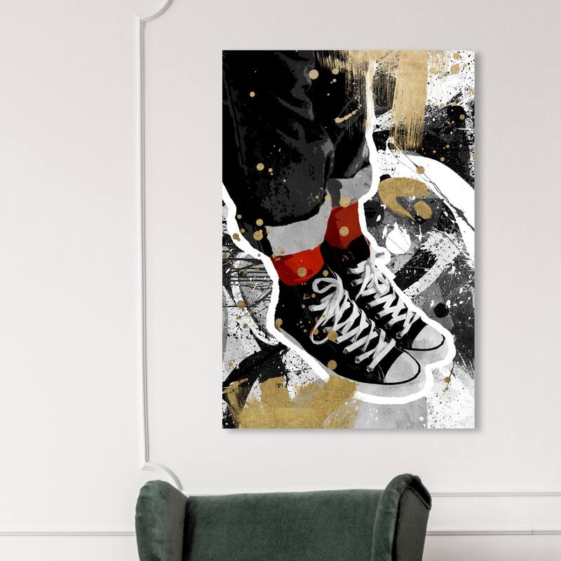 Wynwood Studio Fashion and Glam Cool Kid Sneakers Black and Metallic Gold Modern & Contemporary Wall Art Canvas Print - 45 x 30
