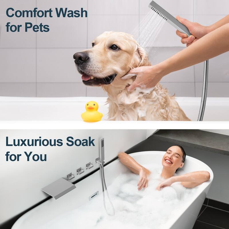 GRANDJOY Wall Mounted 3-Handle Tub Shower Faucet with Handheld Shower and Waterfall Tub Spout