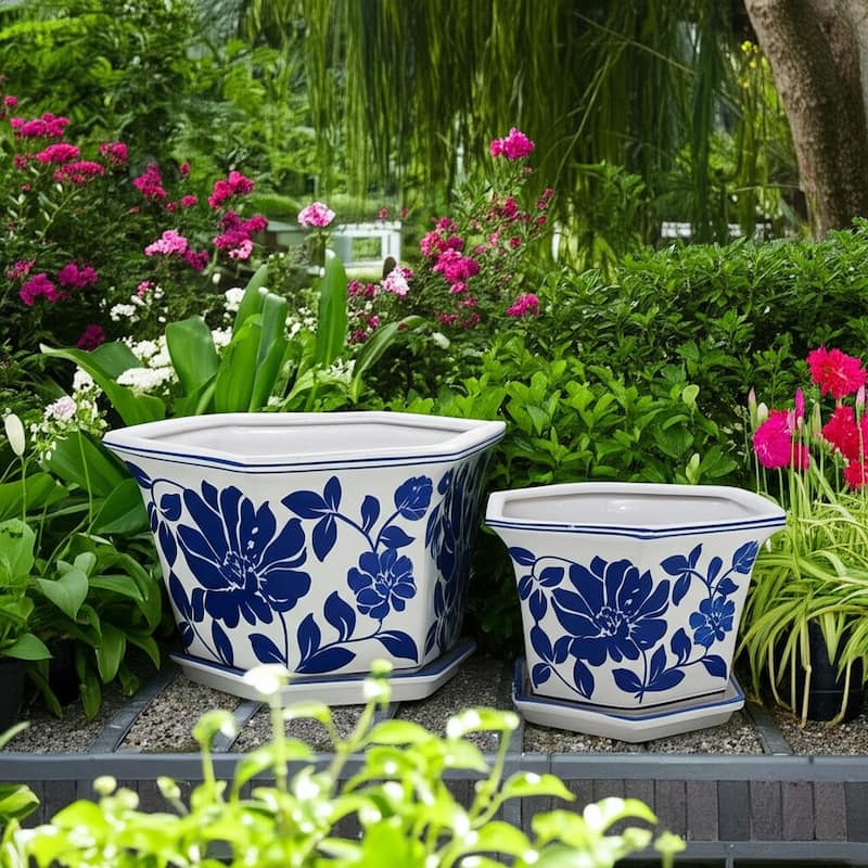 Stoneware Saucer Planters Attached Base for Home Garden (Set of 2)