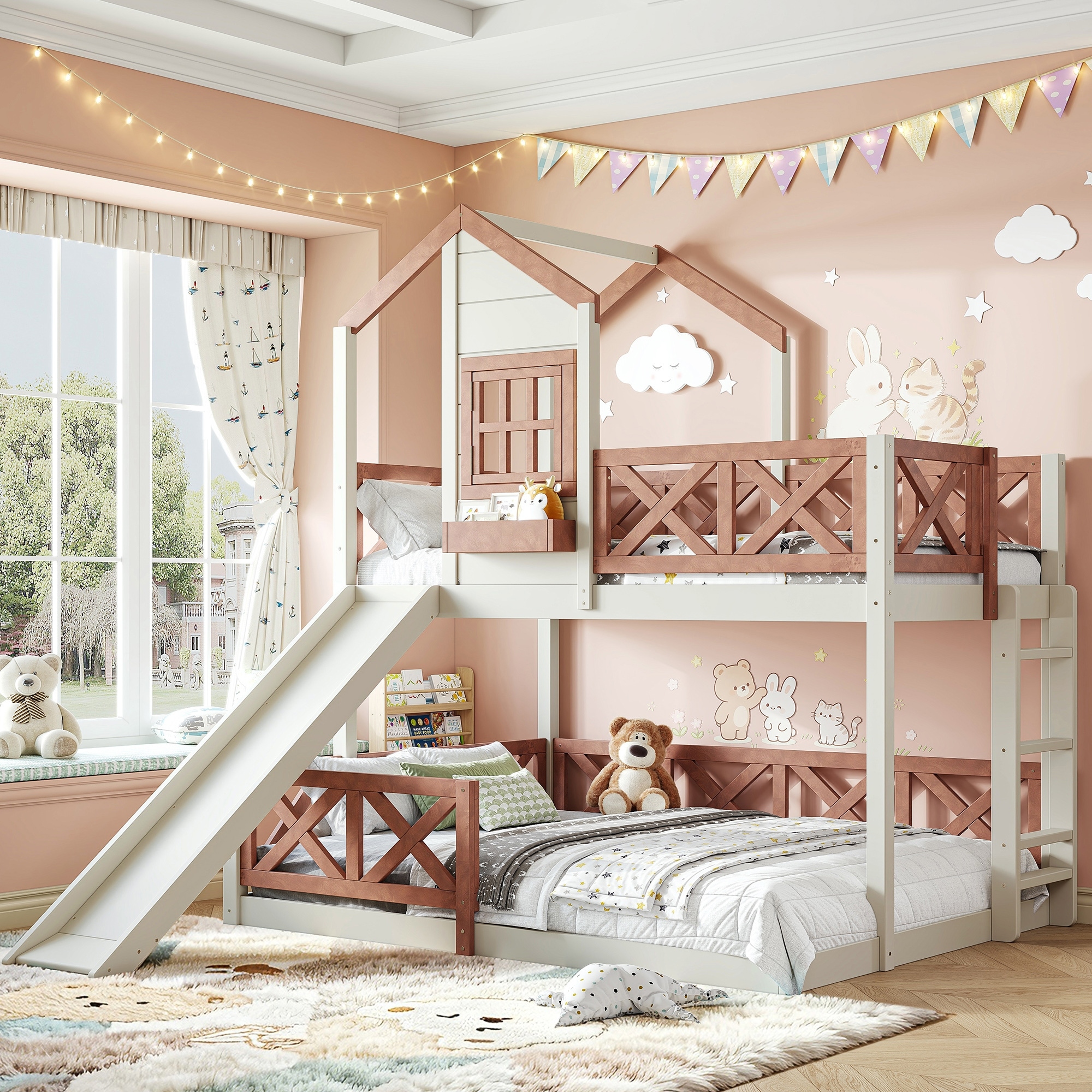Twin Over Full House Bunk Bed Frame With Slide, Wooden Playhouse Loft Bunk Bed With X-Shaped Safety Guardrail