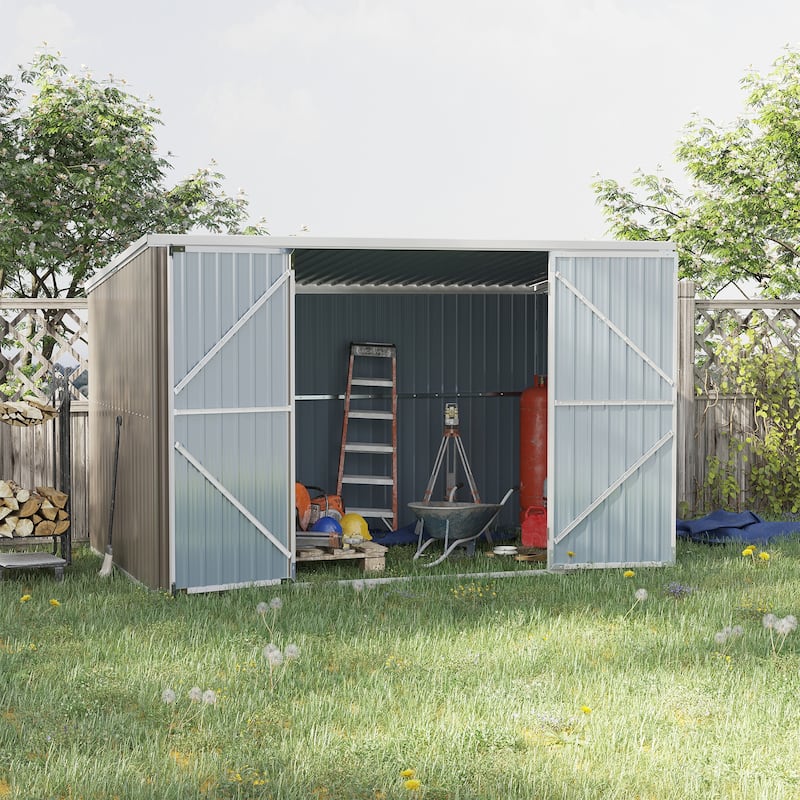 Outsunny 11' x 6' Steel Garden Storage Shed, Outdoor Utility Tool House with Double Lockable Doors for Backyard, Patio, Lawn - Light Grey