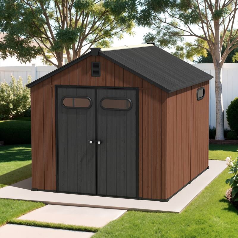 VredHom 8X8/8X10/8X12 FT All-Weather Outdoor Resin Lockable Storage Shed with Windows Floor for Patio Furniture and Tools