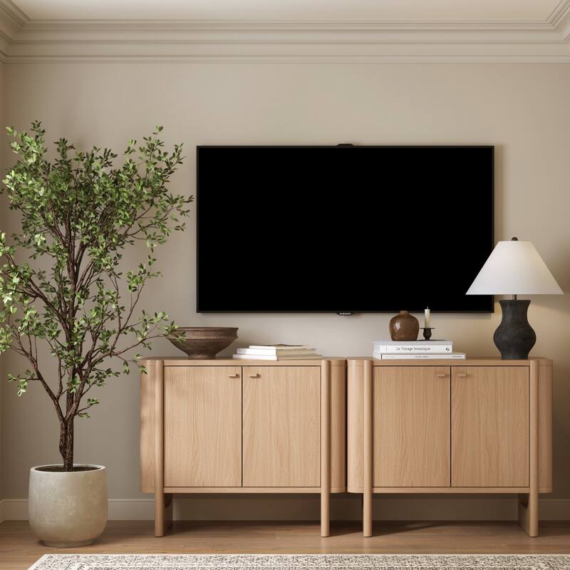 Solace Mid Century Modern Cabinet, Storage Accent Cabinet or TV Stand with Doors, Solid Wood Legs and Adjustable Shelf - Set of 2 - Raw Oak