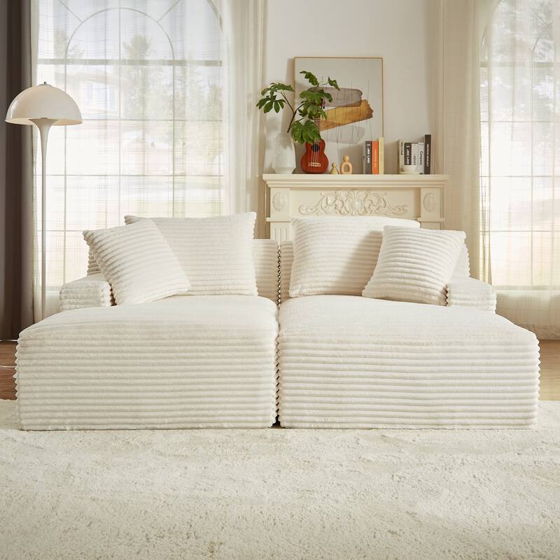 Corduroy Upholstery Cloud Modular Sectional Sofa with Chaise and Pillows, All-Foam Compression Design - Beige Double Chaise - Symmetrical