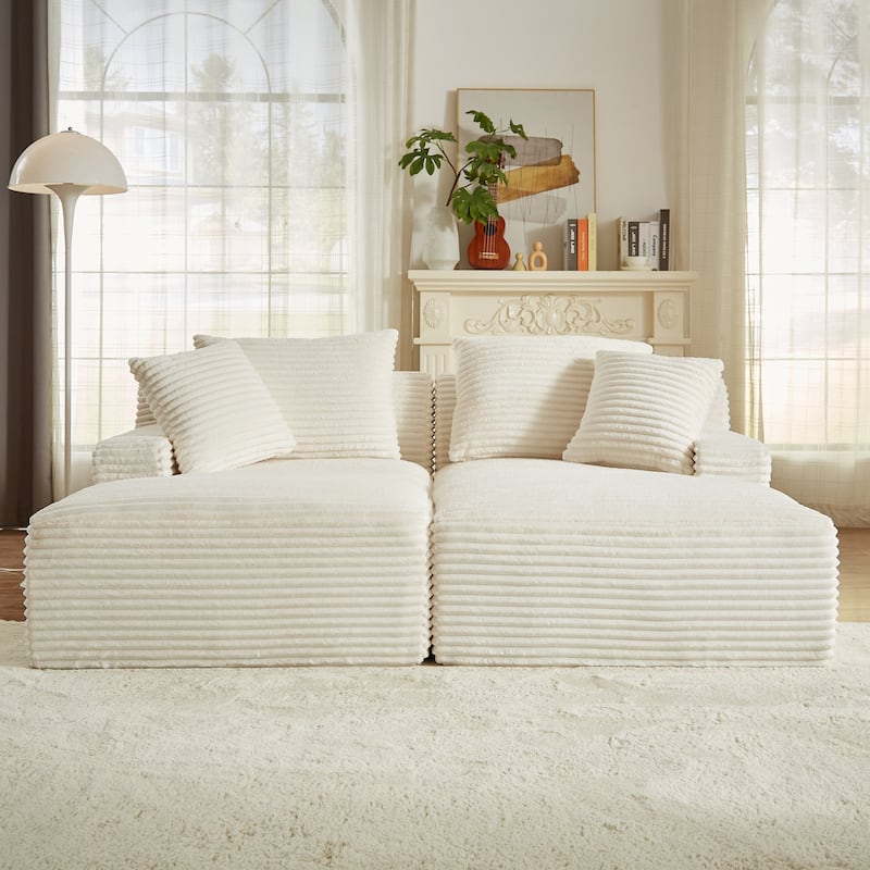 Modern Sleeper Loveseat Sectional Sofa Corduroy Double Chaise Lounge - White