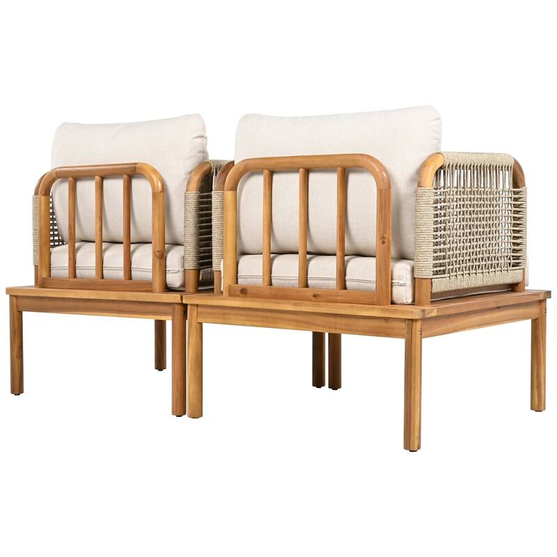Set of 2 Outdoor Acacia Wood and Rope Club Armchairs with Cushions - 2-Piece