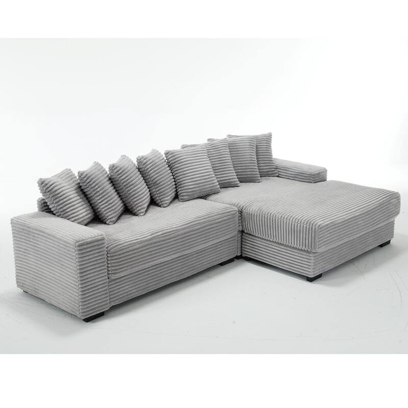 Gray 111" Corduroy L-Shaped Sectional Sofa with Right Chaise & 8 Pillows