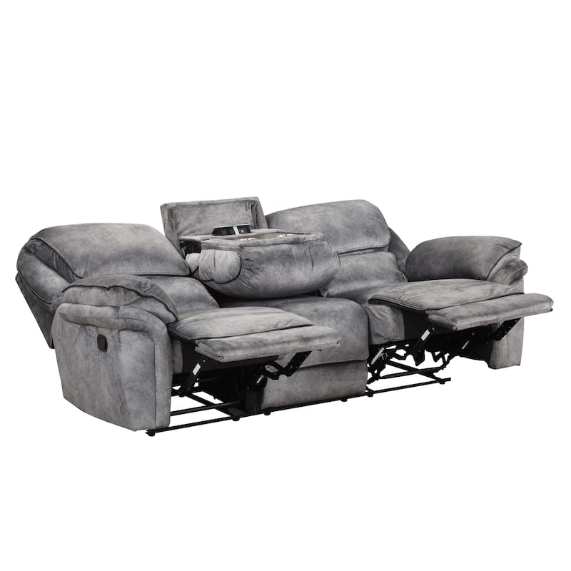 Rory Gray Manual Microsuede Reclining Sofa with Drop Down Power Outlet and Cup Holders