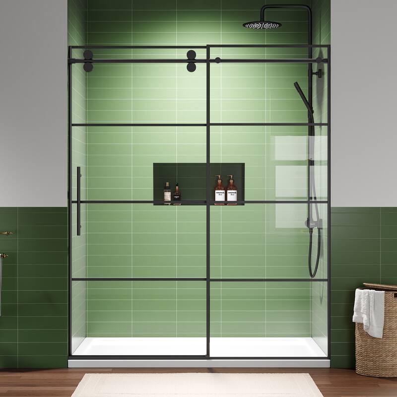 Ultra-Narrow Frame Single Sliding Shower Door 60x72, 8mm Easy-Clean Glass, Matte Black, 304 Stainless, Reversible