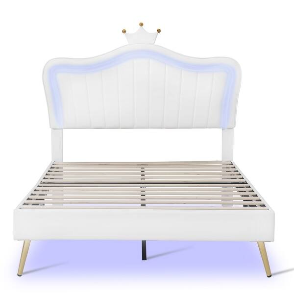 slide 2 of 13, Full Upholstered Bed Frame w/ Crown Headboard & LED for Kids,White White