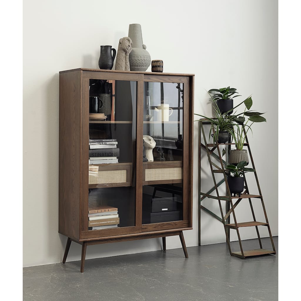 Rye Studio Bailyn Modern Oak and Rattan Sliding Glass Door Cabinet, Smoked Oak