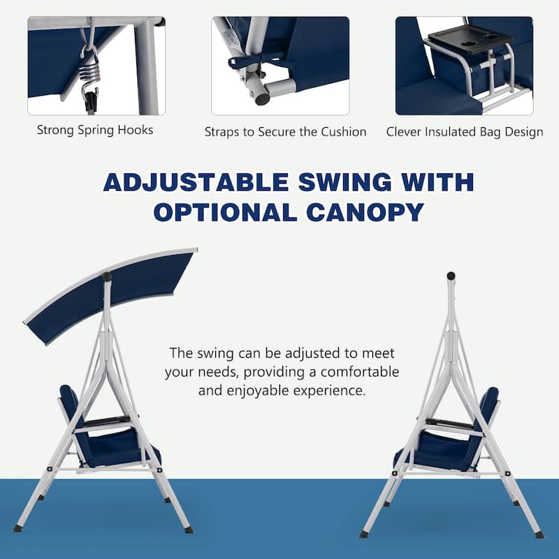 Outdoor Swing with Stand, Canopy, Pivot Table & 2 Cup Holders - Patio, Balcony, Bedroom