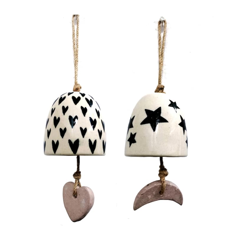 Ceramic Stoneware Hanging Bells with Jute Woven Accent (Set of 2) - 3" x 3" x 12"