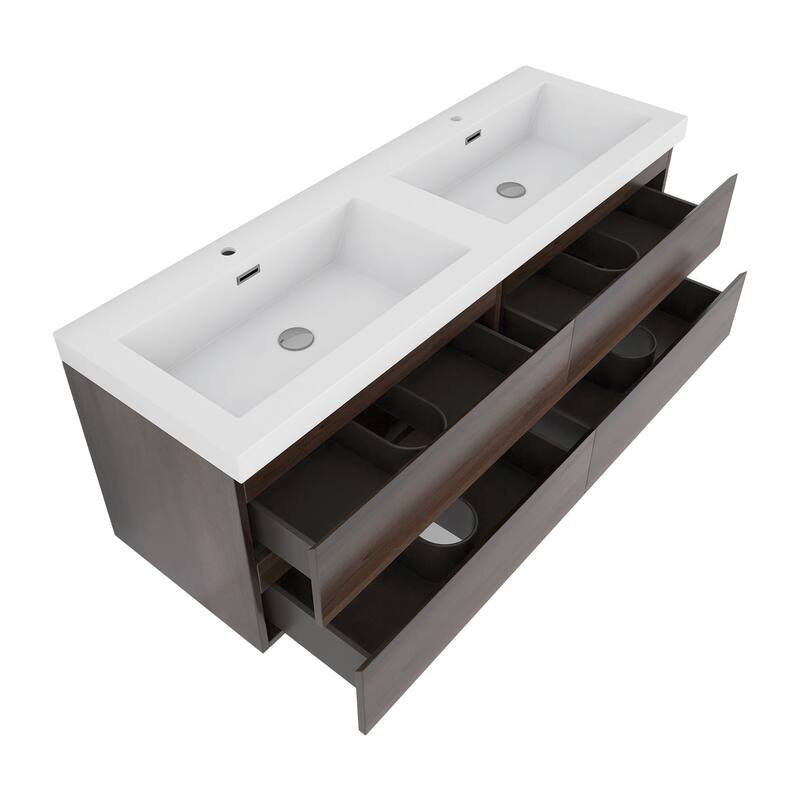 MDF Wall-Mounted Bathroom Vanity Set in Grey Oak with Integrated Culture Marble Sink