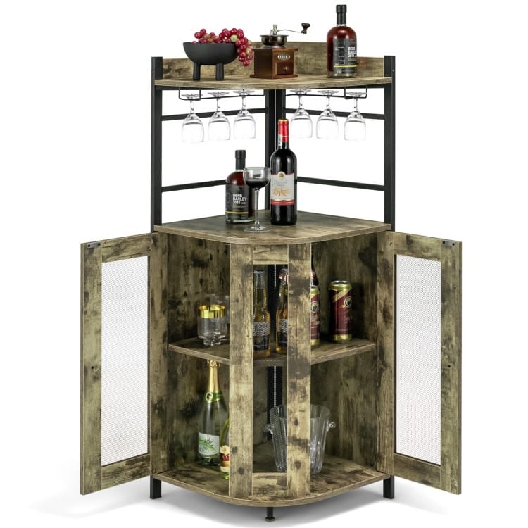 Industrial Corner Bar Cabinet with Glass Holder and Adjustable Shelf - 19" x 19" x 51"