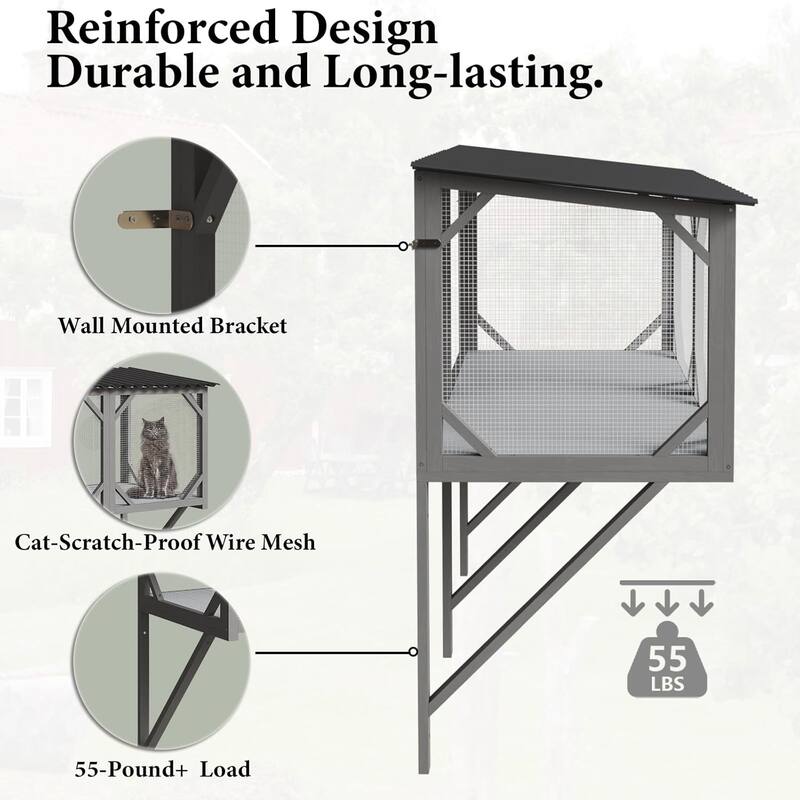 BOSSIN 47.2" All-Weather Window Cat Enclosure- Outdoor Window Perch for Large Cats, Sunbathing & Observation Platform