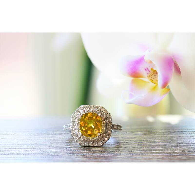 Auriya 14k Gold 2ct Yellow Cushion-Cut Sapphire and 3/4ctw Halo Diamond Engagement Ring