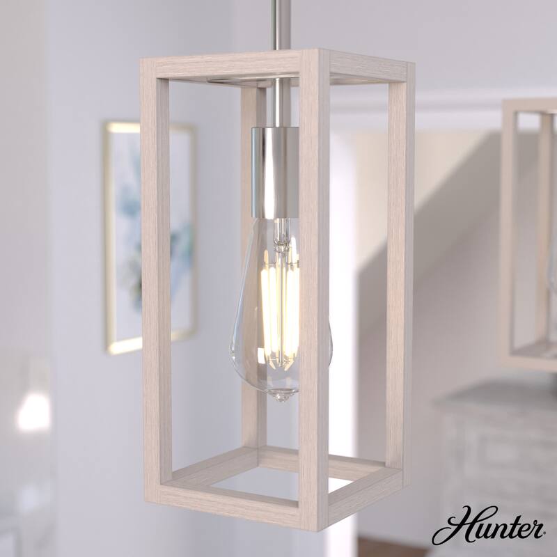 Hunter Squire Manor 1-Light Mini Pendant - Kitchen Island, Dining Room, Bedroom - Modern Farmhouse, Caged, Candle, Transitional - Brushed Nickel-Bleached Wood