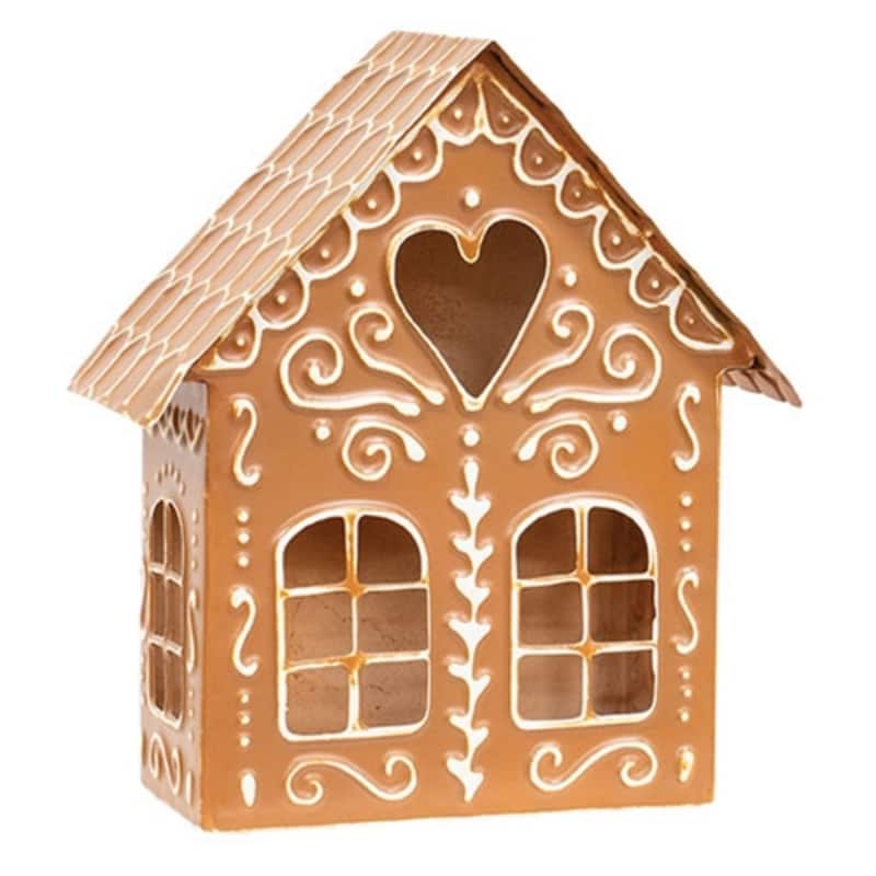 Metal Gingerbread House Christmas Luminary with Cutout Windows and Icing Details Rustic Distressed Holiday - Brown