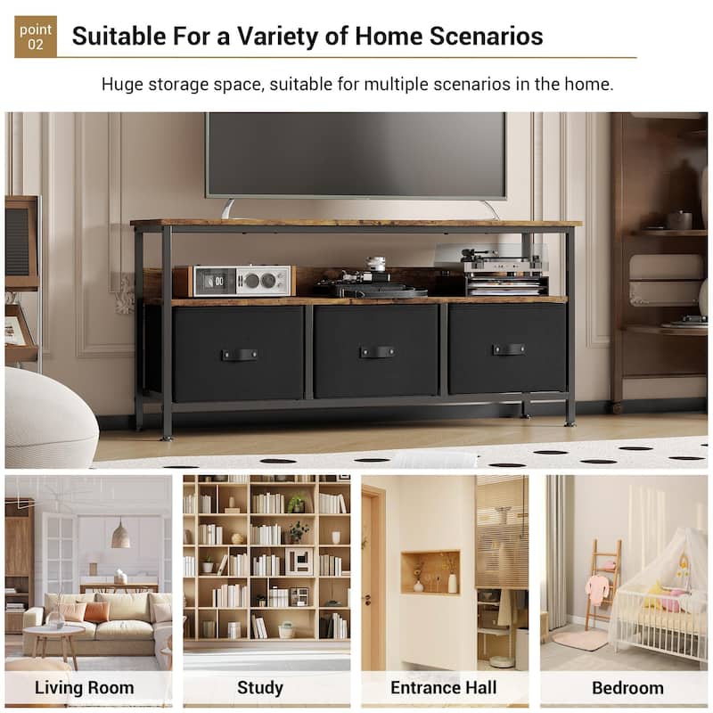 TV Stand with 3 Fabric Drawers, TV Cabinet for 55 Inch TV