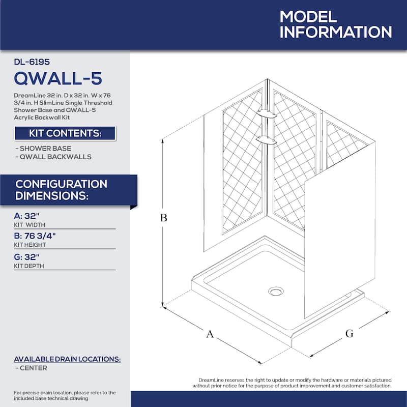 DreamLine 32 in. D x 32 in. W x 76 3/4 in. H Single Threshold Shower Base and Acrylic Backwall Kit - 32" x 32"