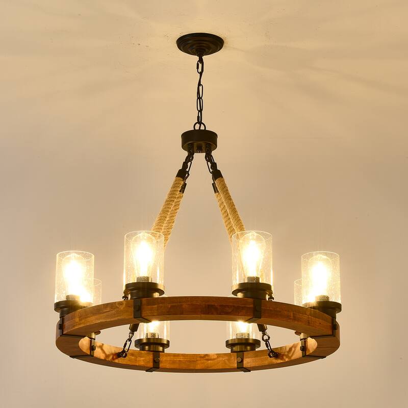 8 Light Rustic Wagon Wheel Chandelier,Wooden Pendant with Seeded Glass Shade,NO INCLUDED BULBS