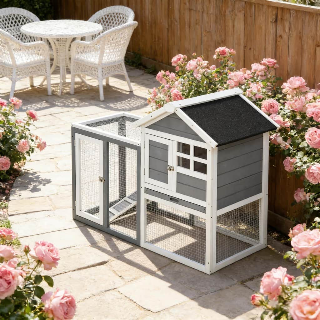 Spacious Pet House,Weatherproof Wooden Rabbit Hutch is designed for convenient cleaning - Gray,White