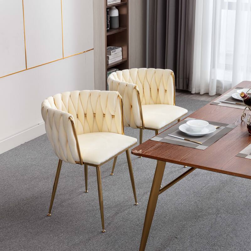 Modern Velvet Dining Chairs Stylish Dining Chairs with Metal Frame and Gold Legs, for Dining Room, Set of 2, Lvory
