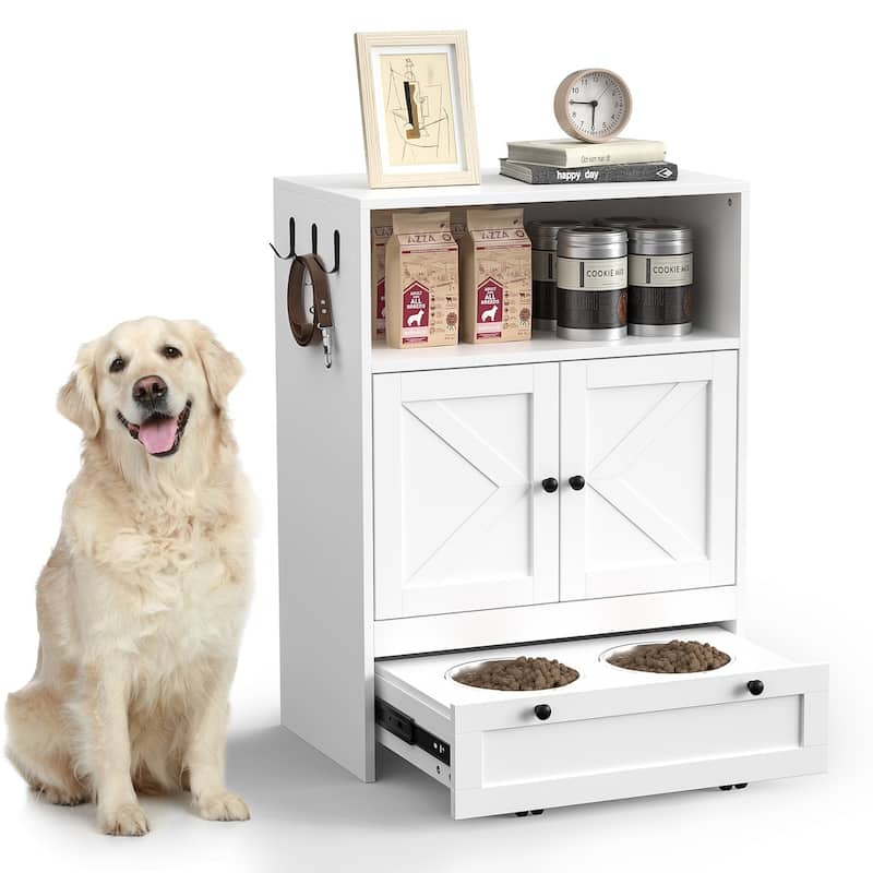 Anmytek 32" High Dog Feeding Station with 2 Elevated Bowls and Storage Cabinet for Cats and Dogs - White