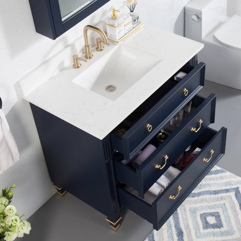 35'' H X 36'' W Solid Wood Bath Vanity with Stain-resistant Carrera White Quartz Top and Single Sink