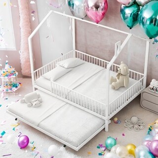 Full Size House Bed with Semi-enclosed Fence and Twin Size Trundle