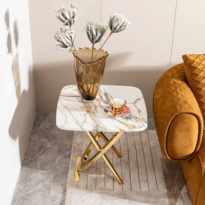 Marble Pattern MDF Top Side End Table with Gold Stainless Steel Base - Square Shape