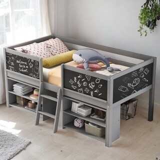 Twin Size Low Loft Bed with Two Movable Shelves and Ladder, Gray