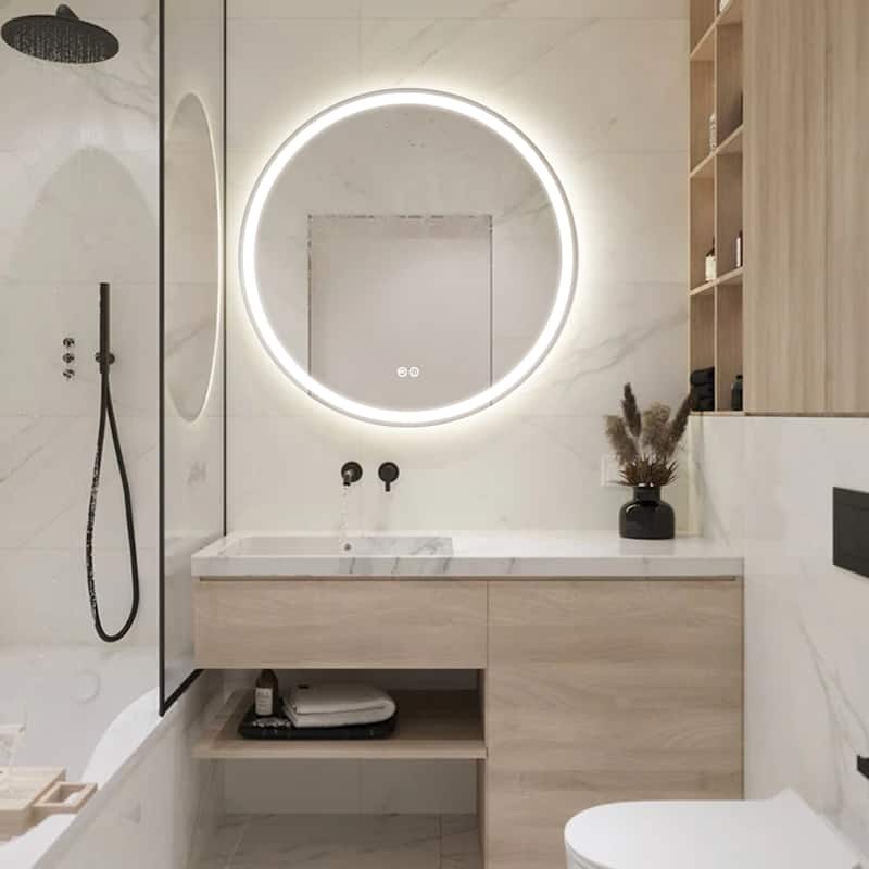 Circular LED Anti-Fog Mirror for Bathroom, Three-Color Lighting Adjustable