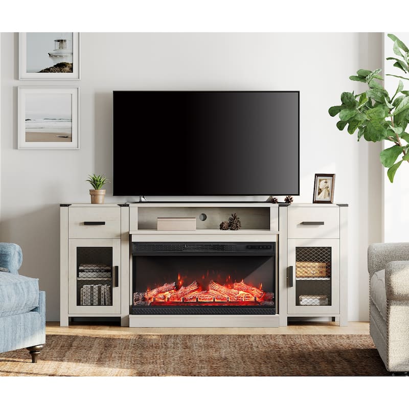 Fireplace TV Shelf Cabinet for Living Room - Off-White