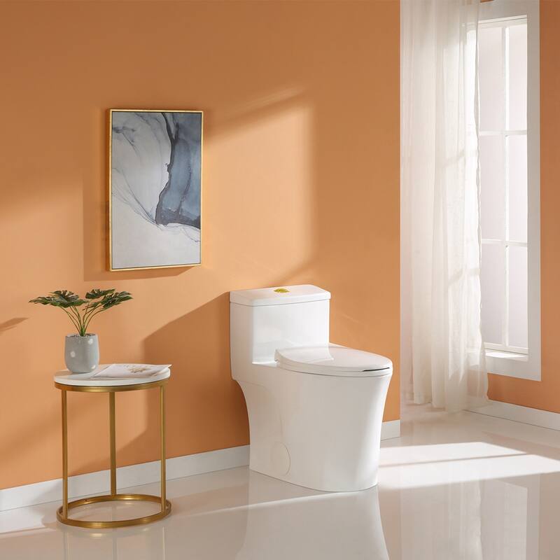 HOROW One Piece 0.8/1.28 GPF Dual Flush Elongated Toilet in White with Soft Close Seat and Gold Accent Button