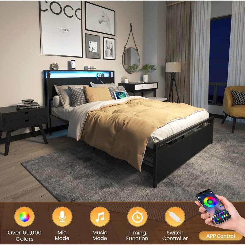 Full Size Bed Frame with Storage Headboard and 2 Drawers,LED Lights Bed with Charging Station,No Box Spring Needed